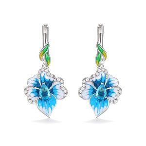 S925 Blue Flower Dangling Earrings